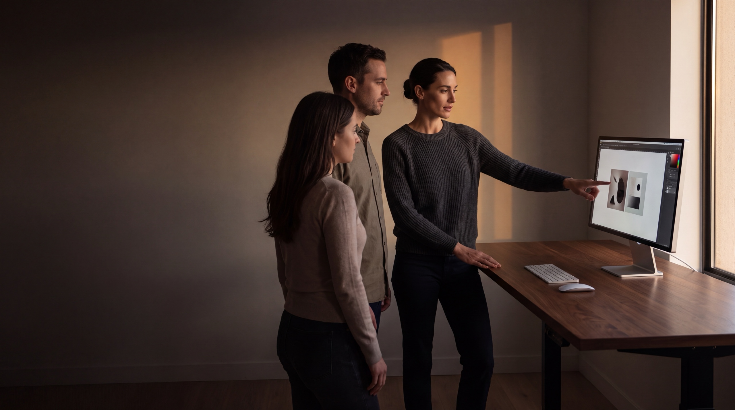 A woman leads her small team at a Mac, directing the work while two colleagues follow her lead